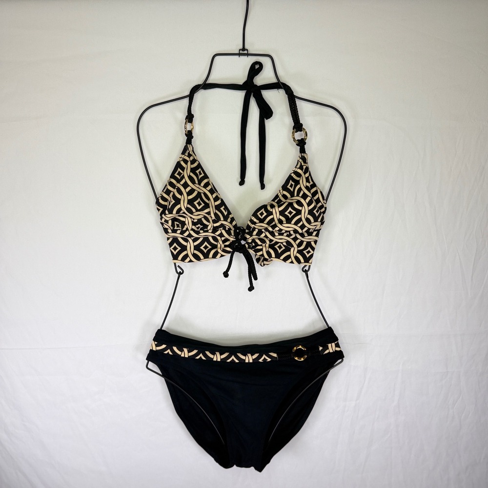 Robin Piccone Bikini Set Womens L/M Black Tan Geometric Halter Two Piece Swim